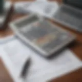 A calculator, notepad, and tax forms on a desk