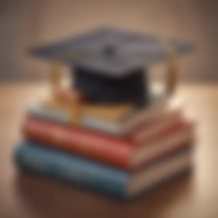 A stack of educational books with a graduation cap