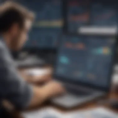 In-Depth Financial Analysis An individual analyzing financial reports and metrics on a laptop