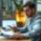A person analyzing financial documents with a calculator and laptop