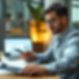 A person analyzing financial documents with a calculator and laptop